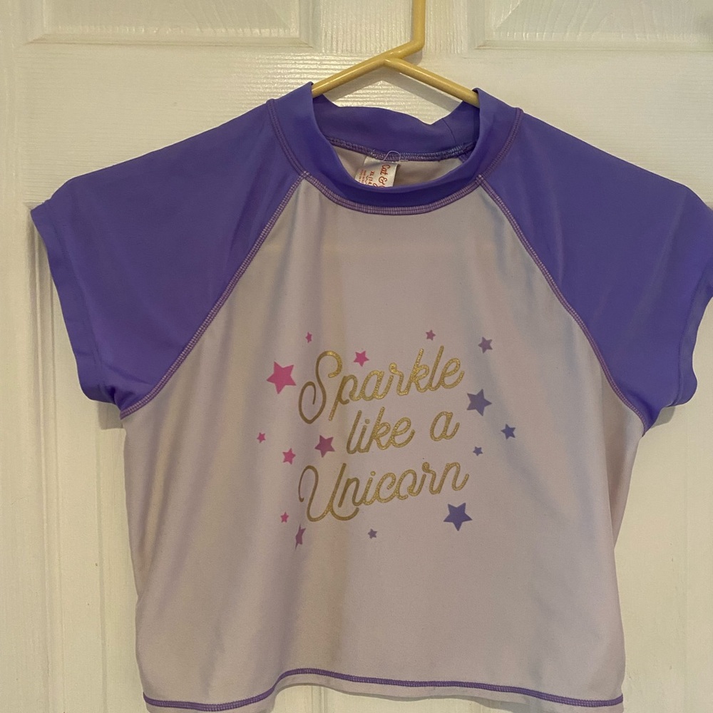 Size XL (14/16) cropped swim shirt ￼ “sparkle like a unicorn”